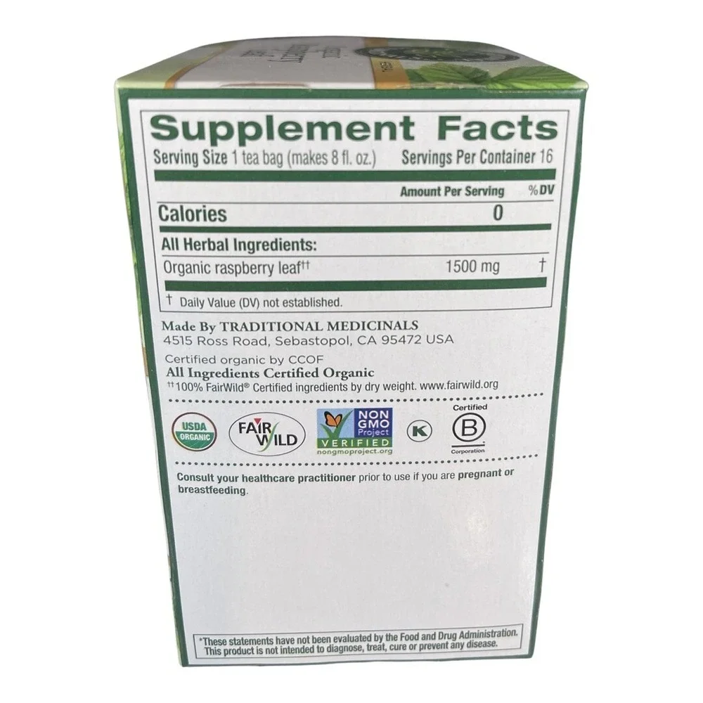 Traditional Medicinals Organic Raspberry Leaf Herbal Tea 16 ct Cramps Pregnancy